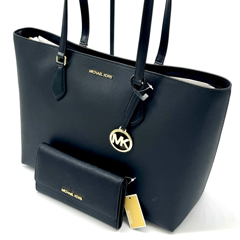 Michael Kors Sheila Large Logo Tote Bag & Matching Trifold Wallet Black/Gold